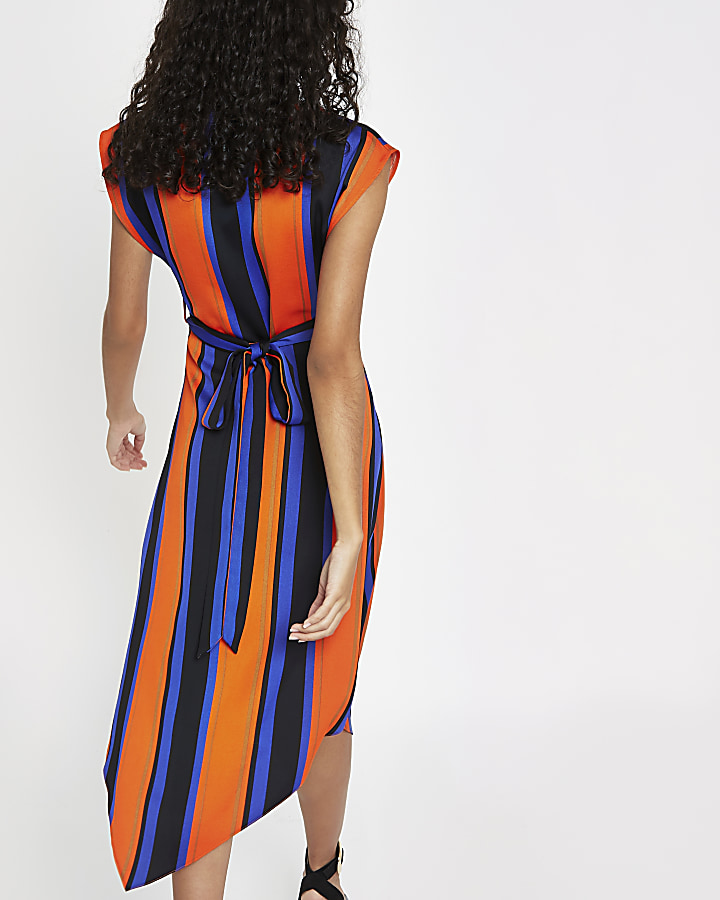 Orange stripe wrap front midi dress