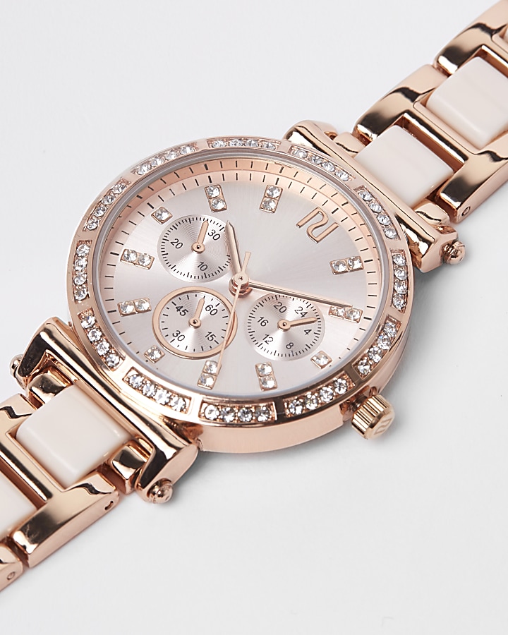 Pink rose gold colour diamante chain watch