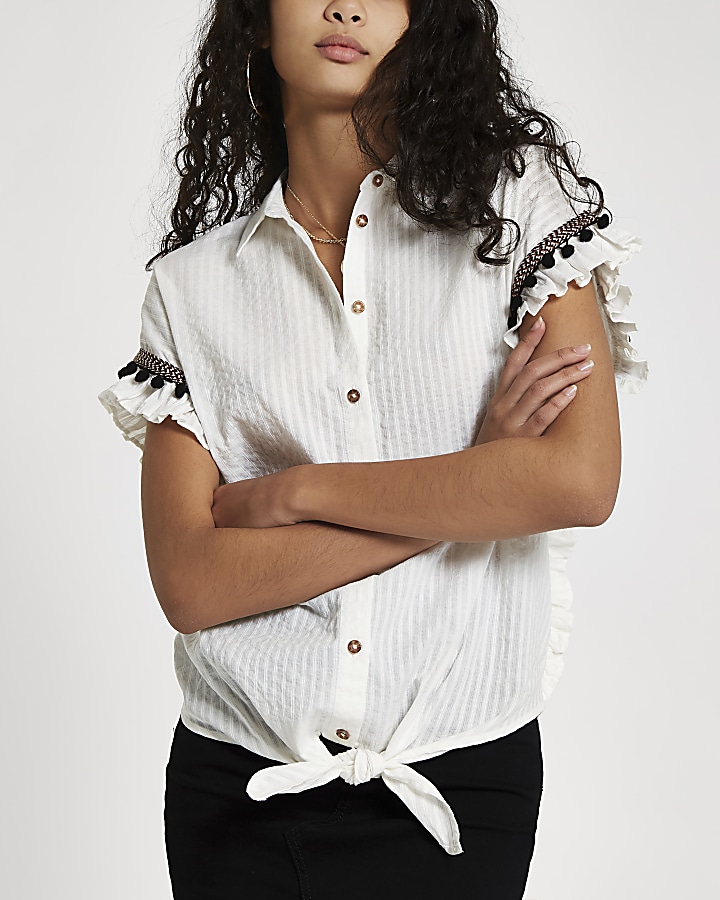 White frill trim tie front shirt
