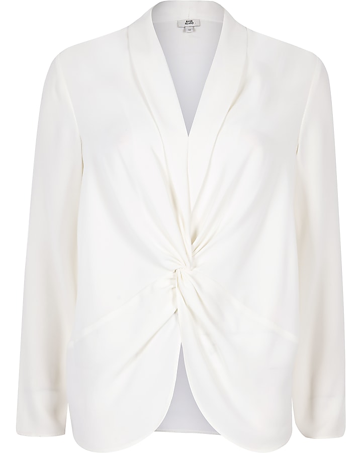 Cream twist front long sleeve blouse