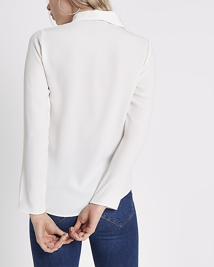 Cream twist front long sleeve blouse