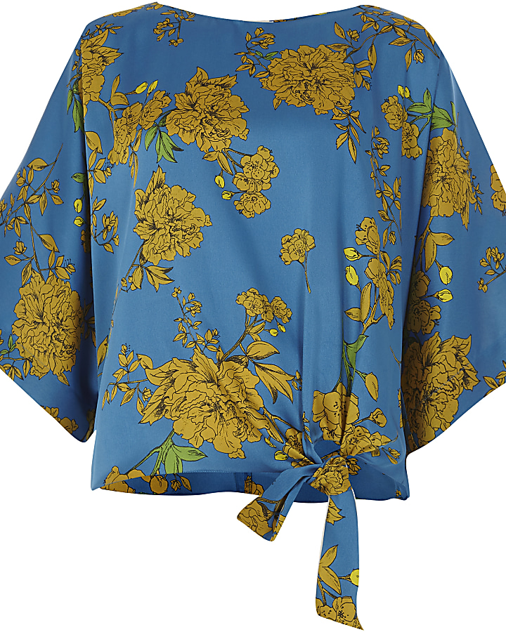 Blue floral short sleeve tie side top