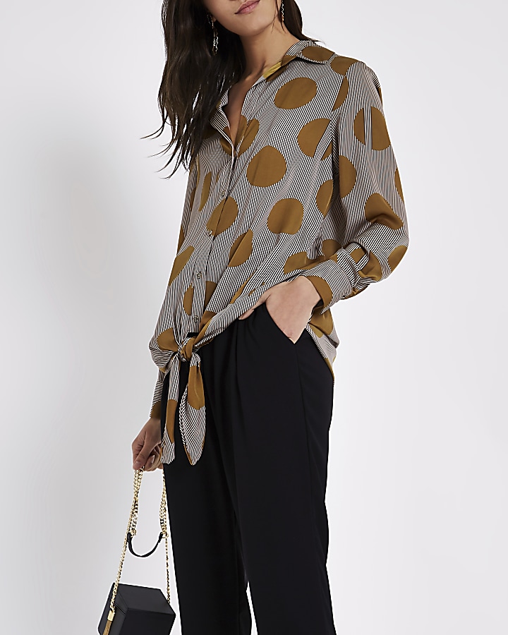 Brown print long sleeve tie front shirt