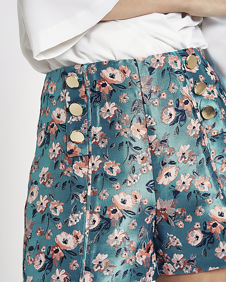 Blue floral jacquard button front shorts