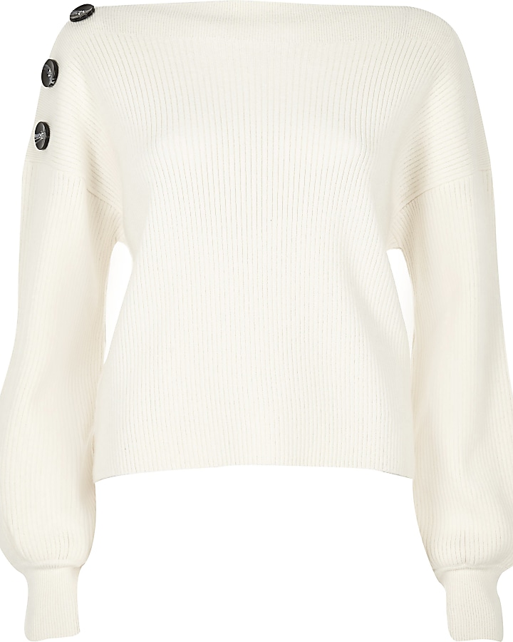 Cream rib knit button shoulder jumper