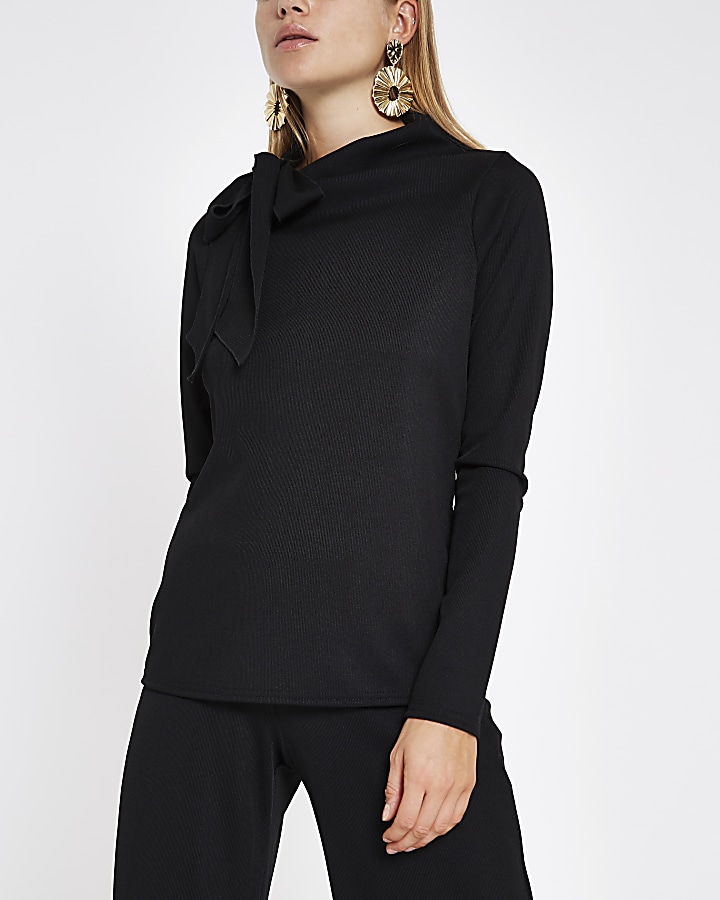 Black bow neck knit long sleeve top