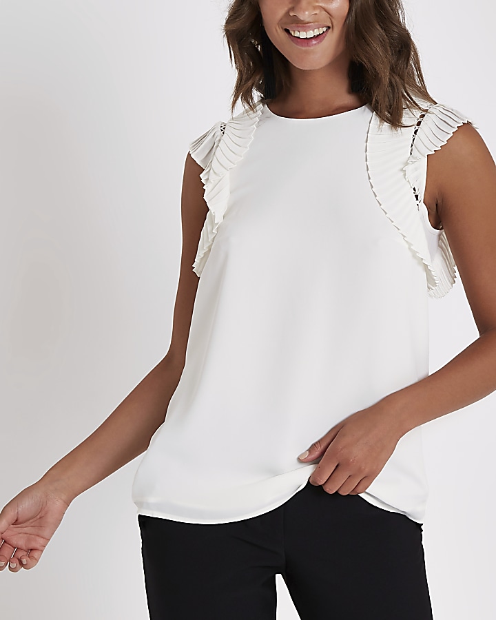 White pleated shoulder top