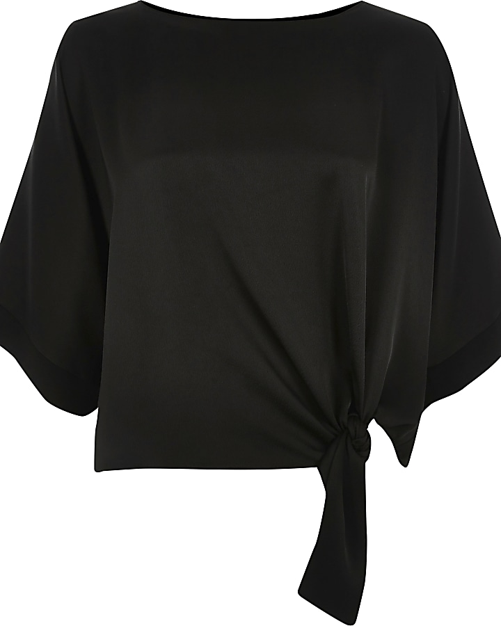 Petite black loose fit knot front top