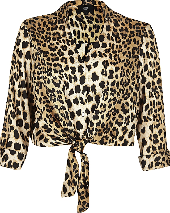 Petite brown leopard tie front crop shirt