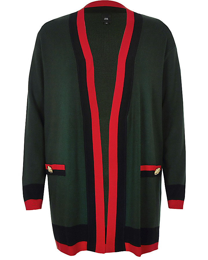 Dark green knit stripe contrast varsity cardi