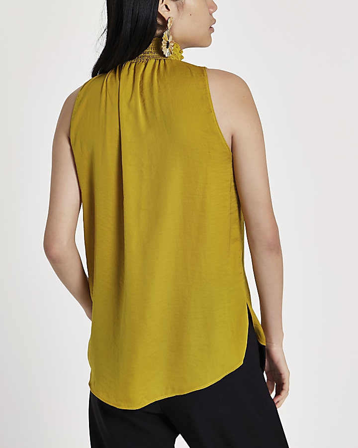 Yellow shirred high neck sleeveless top