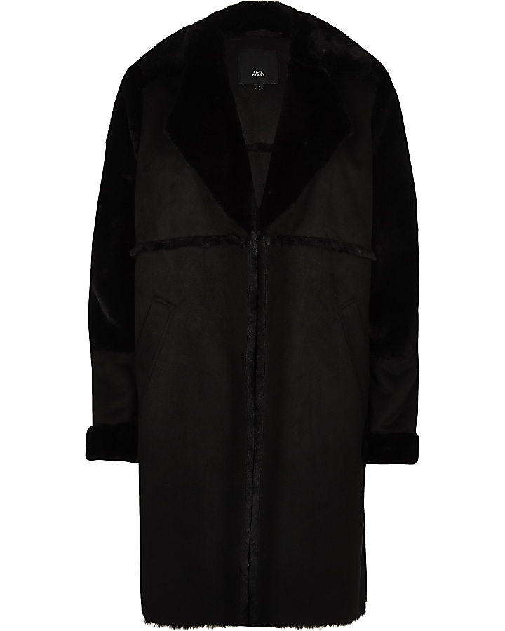 Black suedette faux fur fallaway coat