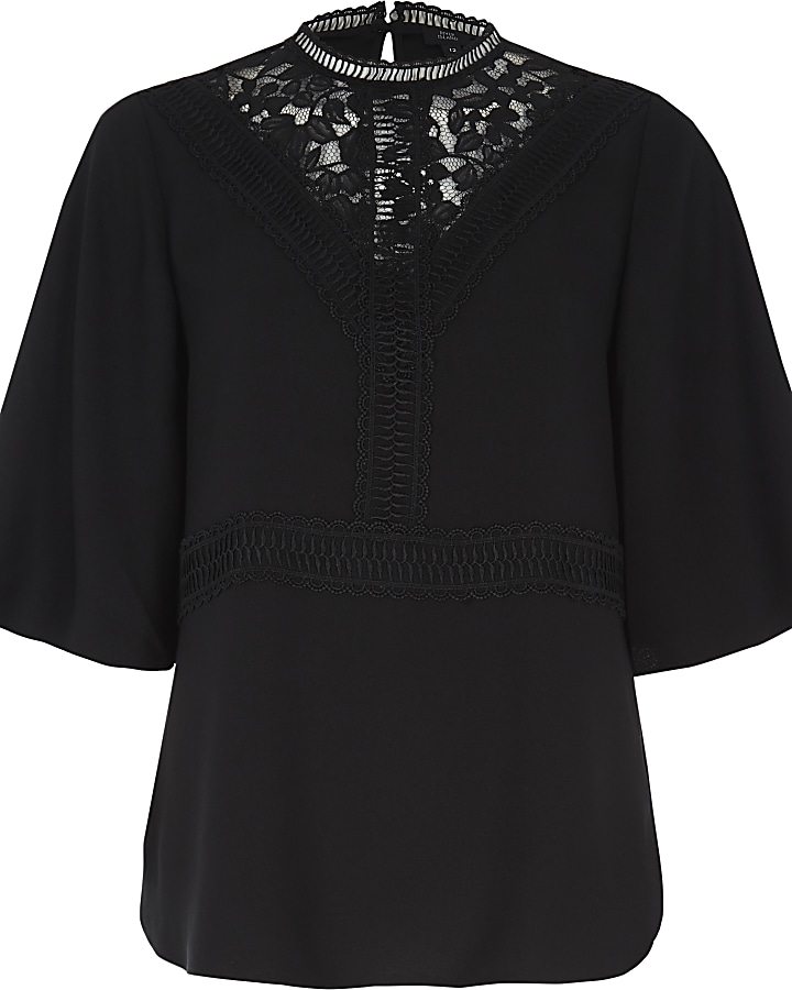 Black lace insert high neck top