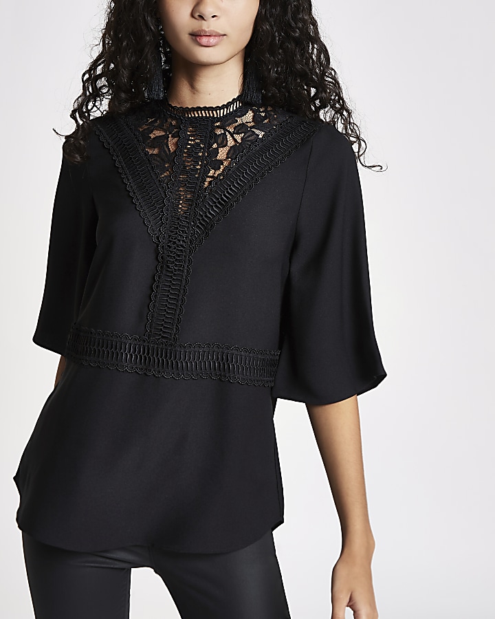 Black lace insert high neck top