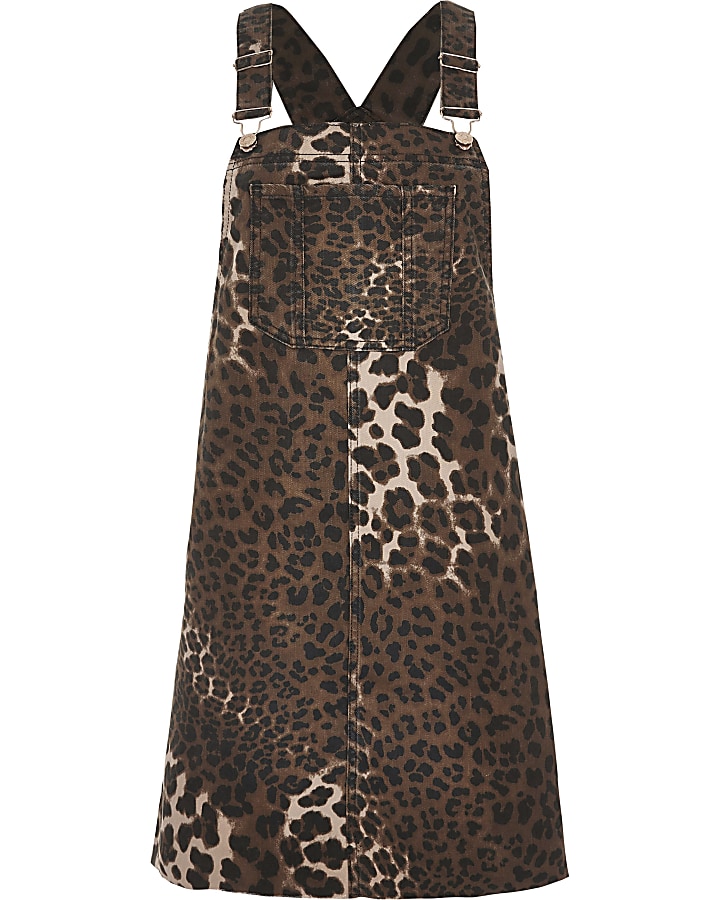 Denim leopard print pinafore dungaree dress