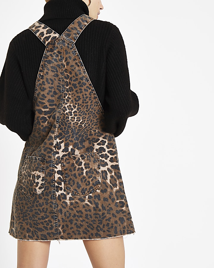 Denim leopard print pinafore dungaree dress