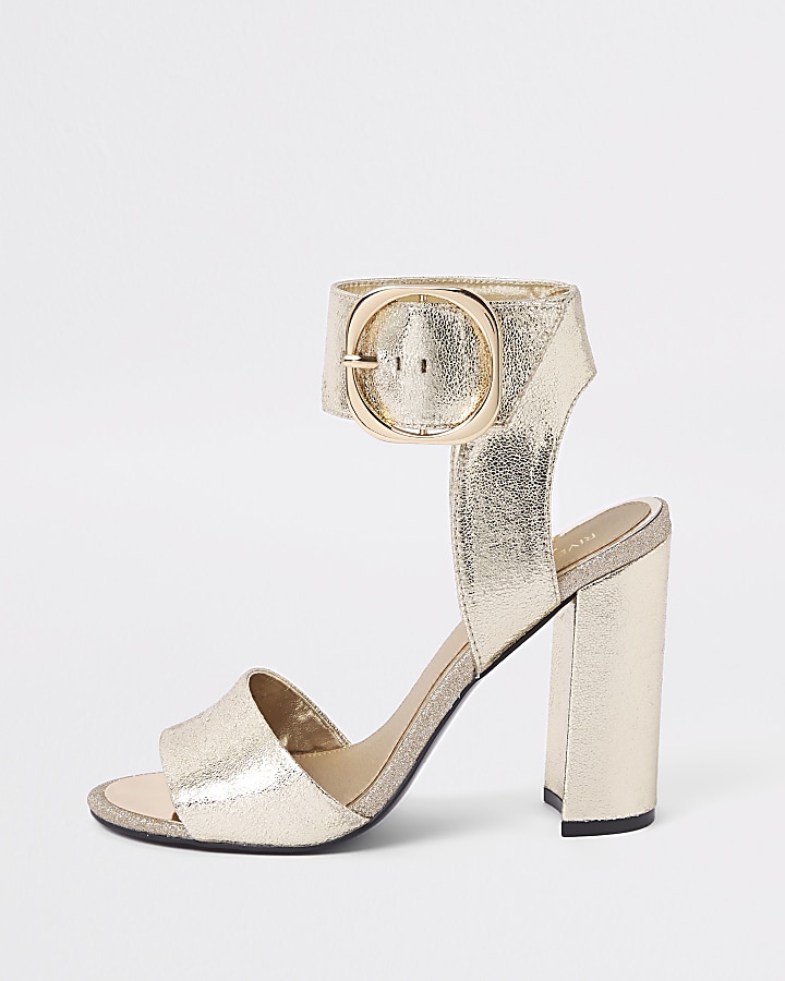 Gold metallic block heel sandals
