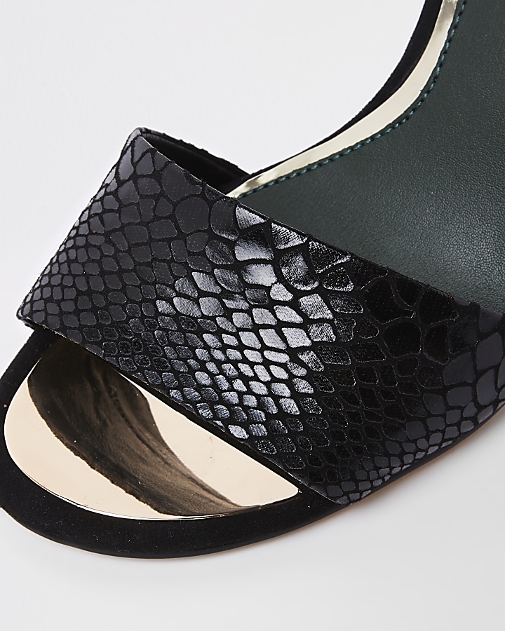 Black croc embossed block heel sandals