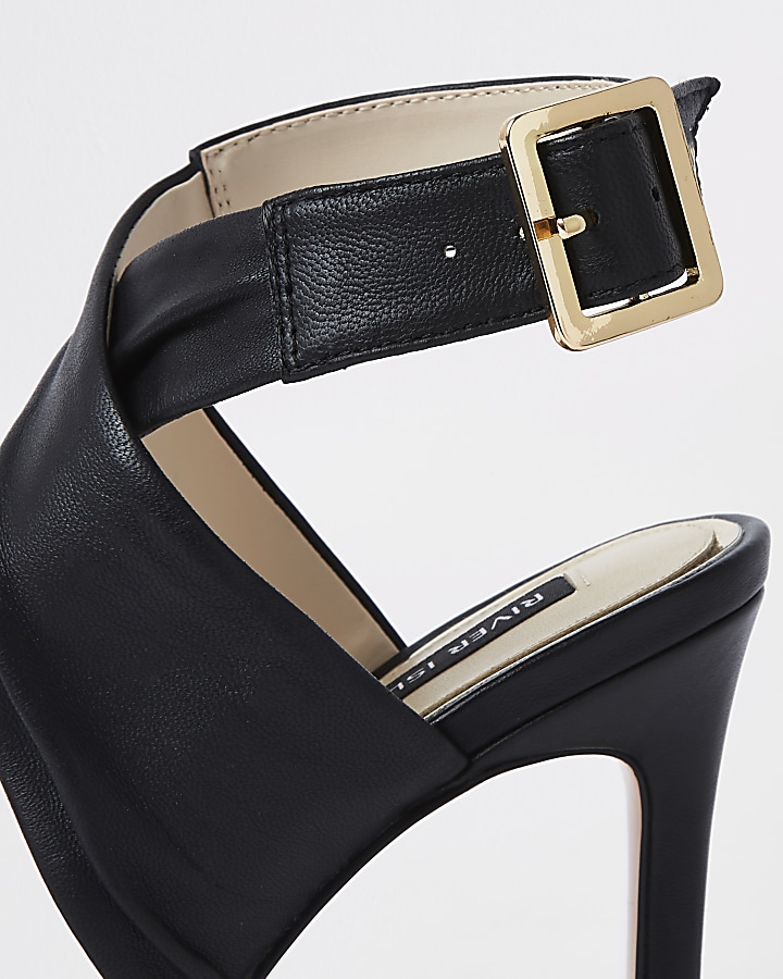 Black leather wrap skinny heel sandals