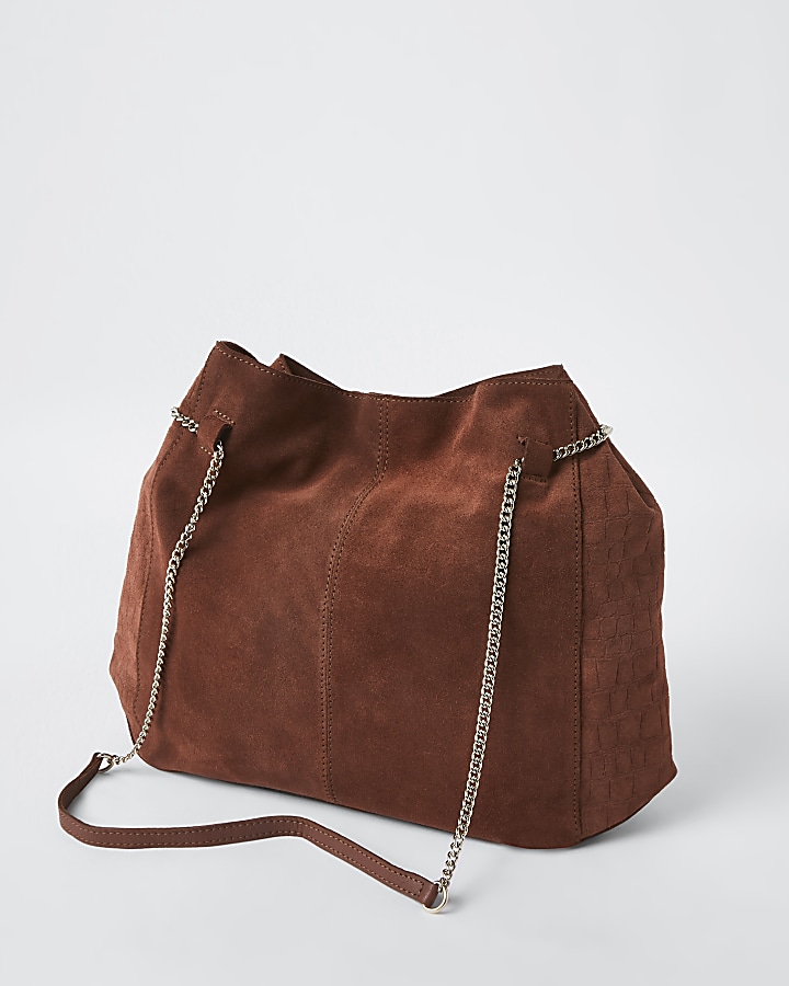 Brown leather chain slouch bag