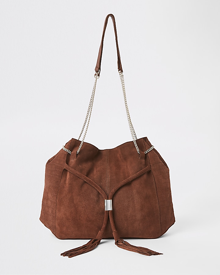 Brown leather chain slouch bag