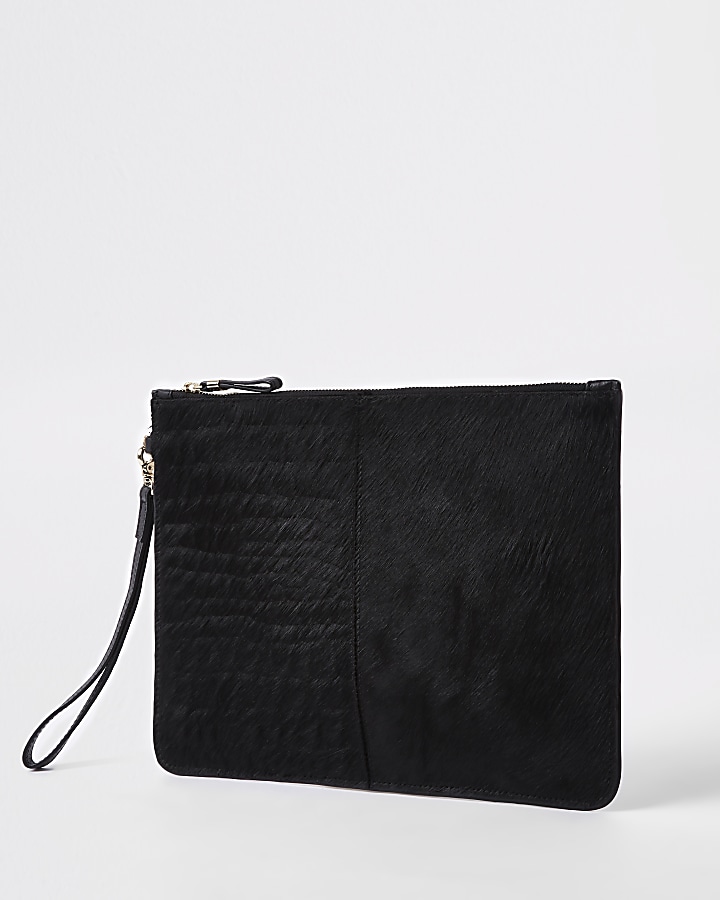 Black leather croc embossed pouch clutch bag
