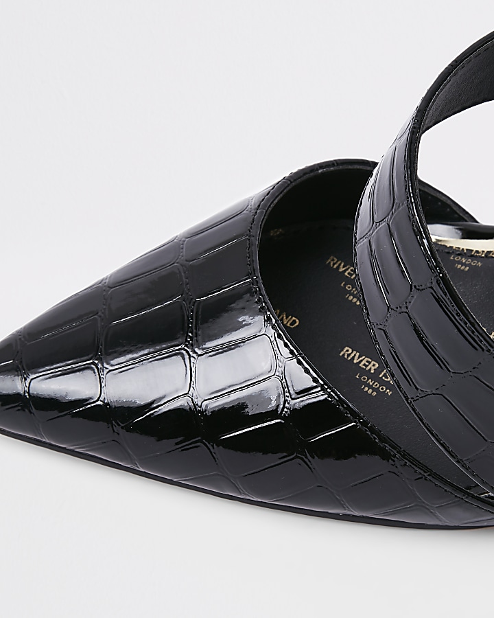 Black croc asymmetric block heel court shoes