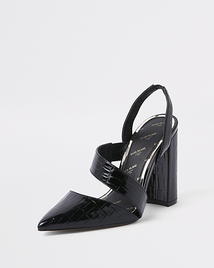 Black croc asymmetric block heel court shoes