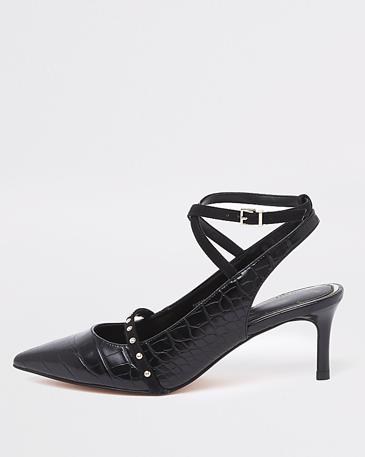 Black croc mid heel ankle strap court shoes