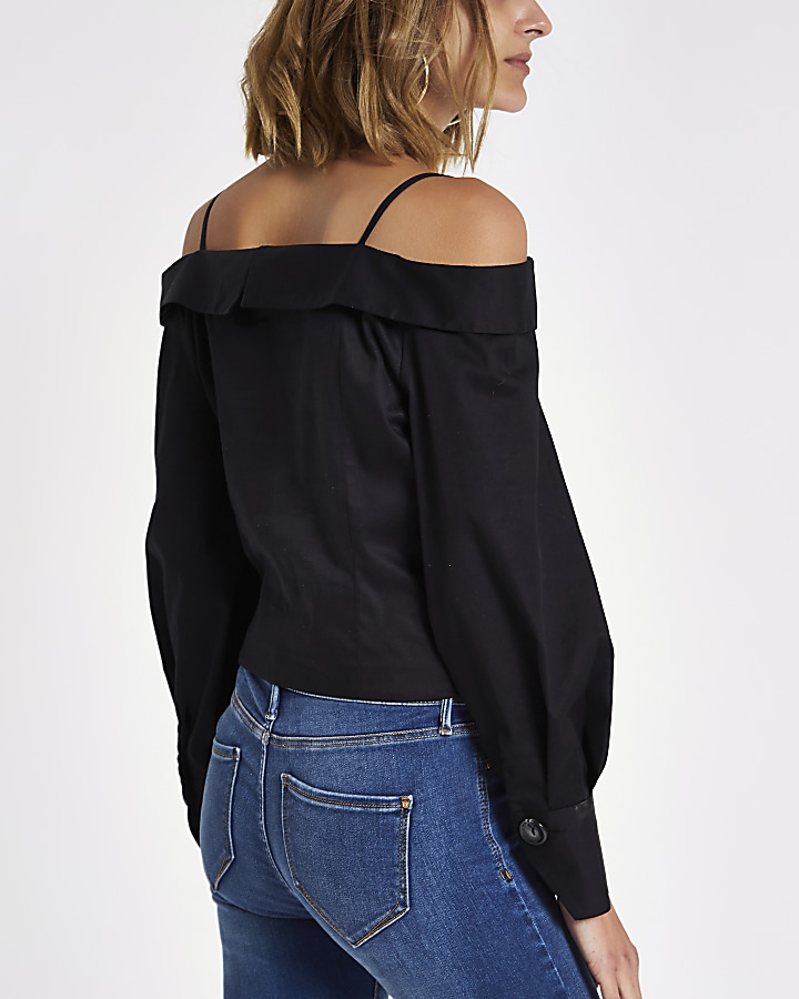 Black button front bardot fitted shirt
