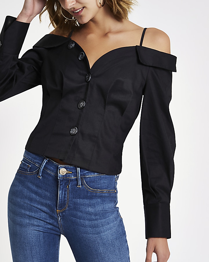 Black button front bardot fitted shirt
