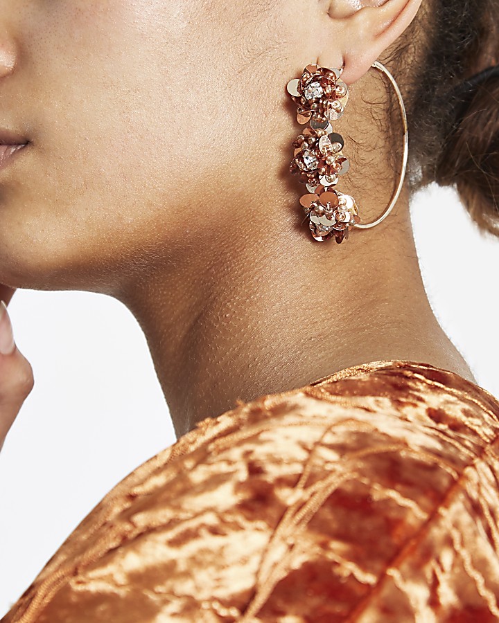 Rose gold floral sequin hoop earrings
