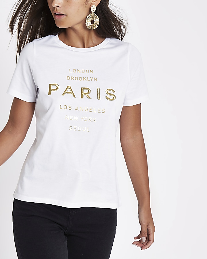 Petite white 'Paris' embroidered T-shirt