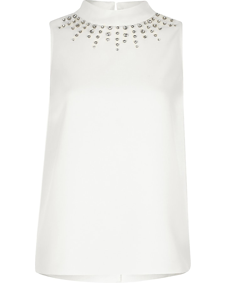 Petite white embellished high neck top