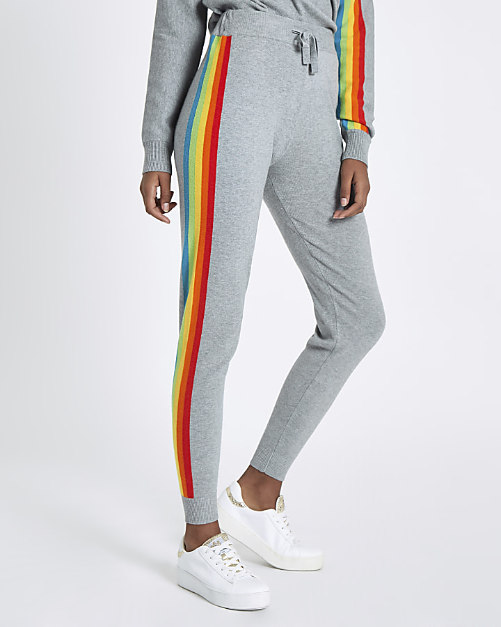 Grey rainbow side stripe knitted joggers