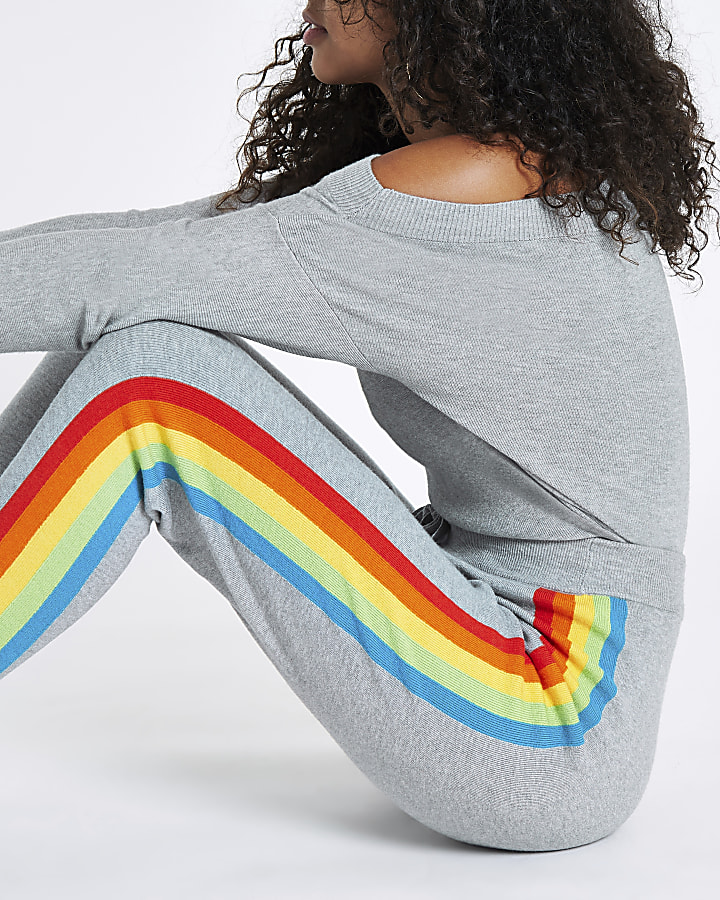 Grey rainbow side stripe knitted joggers