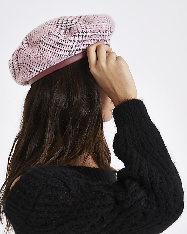 Pink check print beret