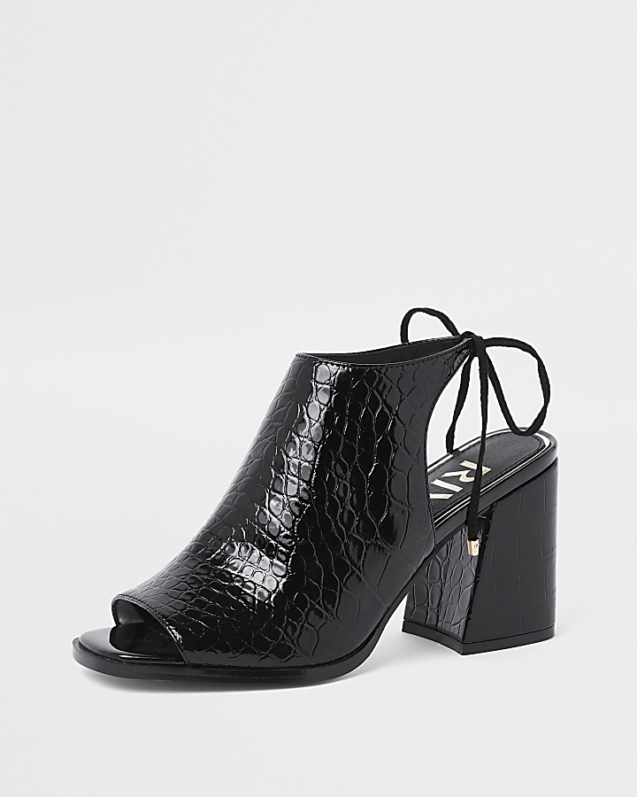 Black croc tie back block heel shoe boots