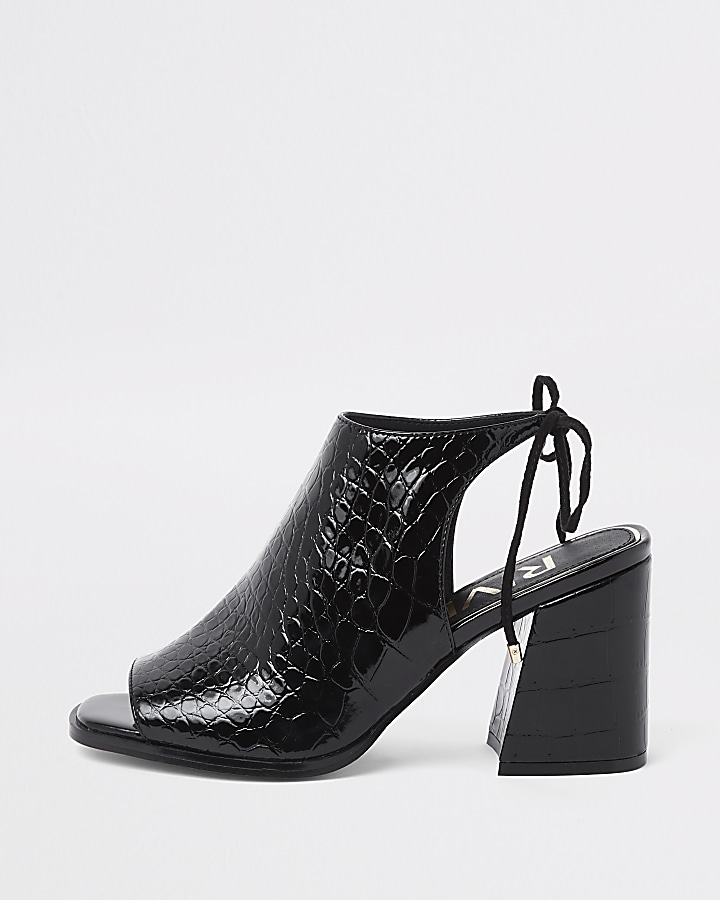 Black croc tie back block heel shoe boots