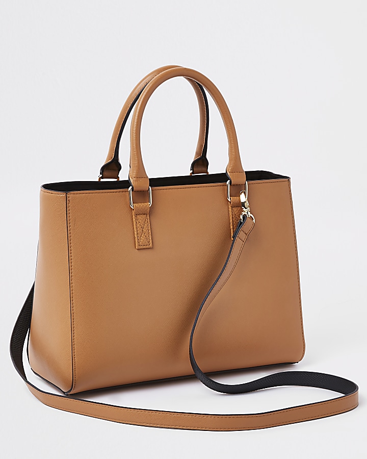 Beige faux leather boxy tote bag