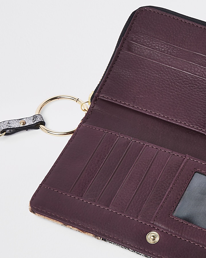 Silver leather animal panel zip around purse