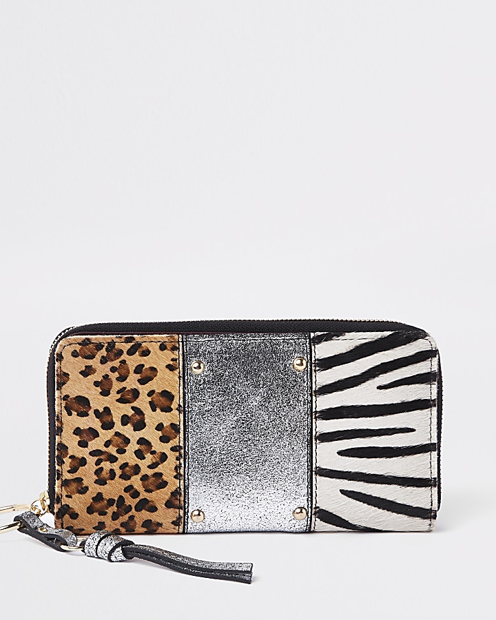 Silver leather animal panel zip around purse