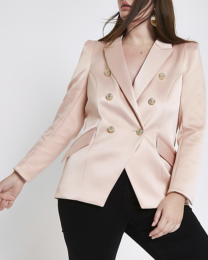 Plus pink satin double breasted tux jacket