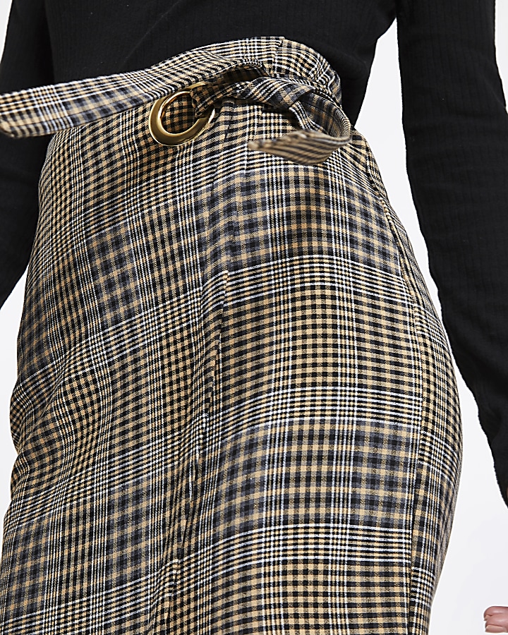 Brown check wrap tie-up pencil skirt