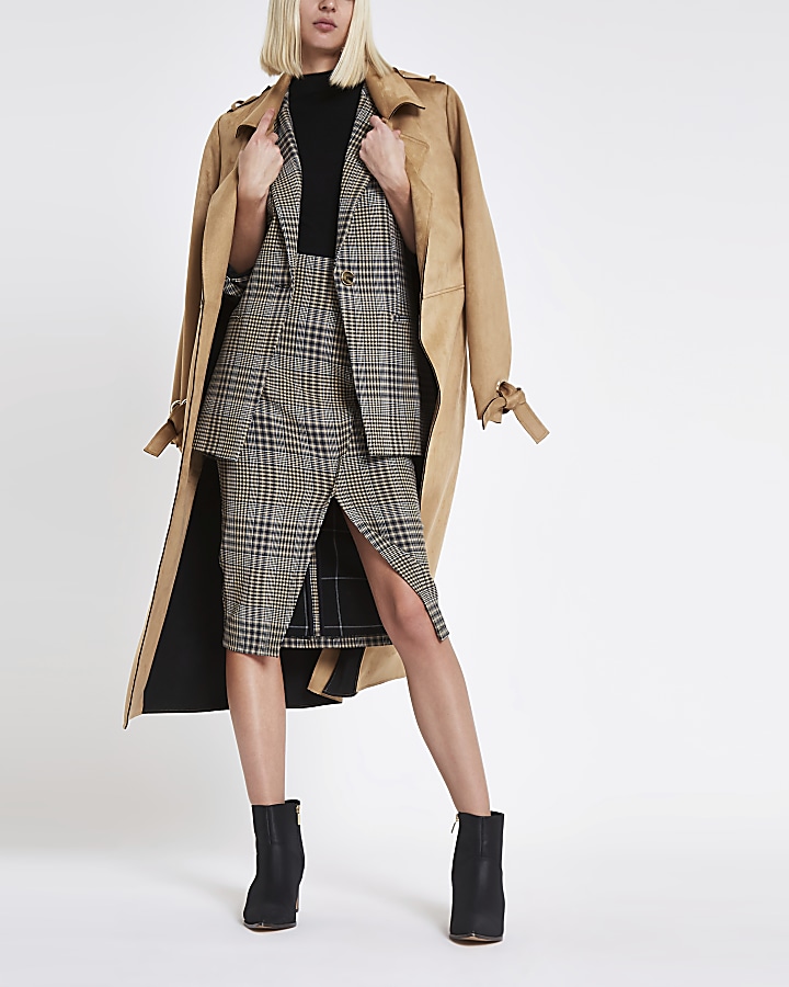 Brown check wrap tie-up pencil skirt