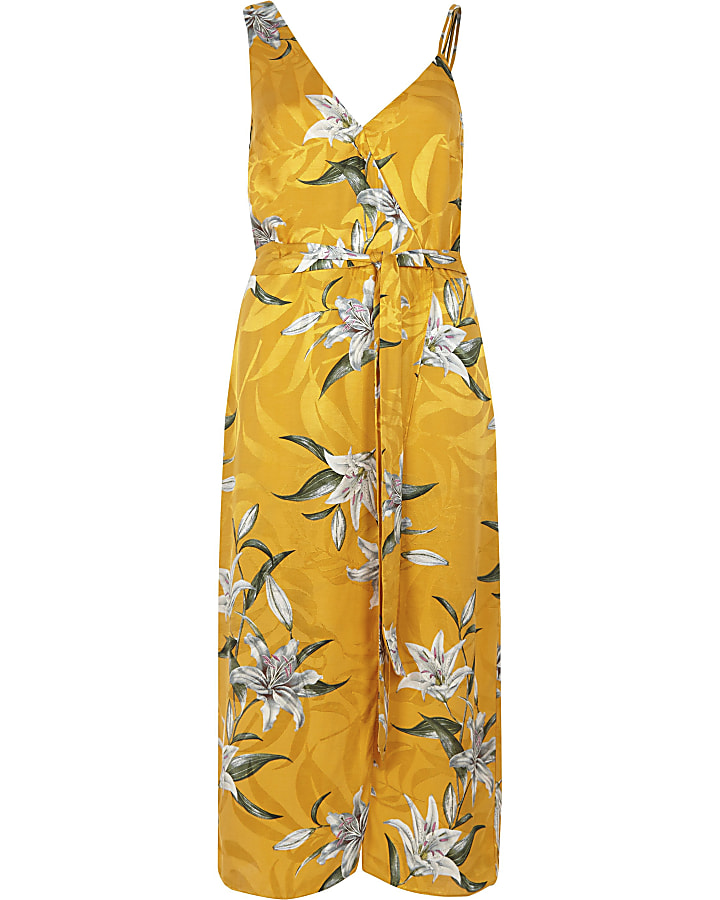 Yellow floral print tie waist midi dress