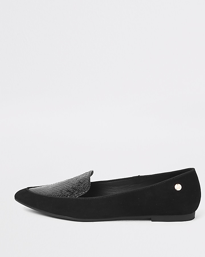 Black pointed toe croc flat shoes