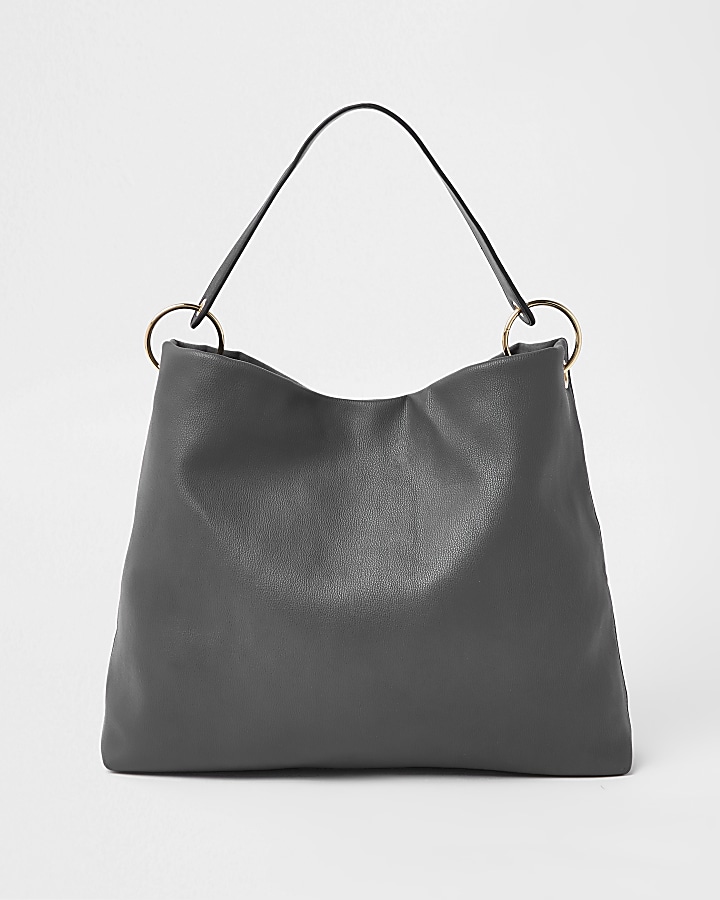 Dark grey zip front chain front slouch bag