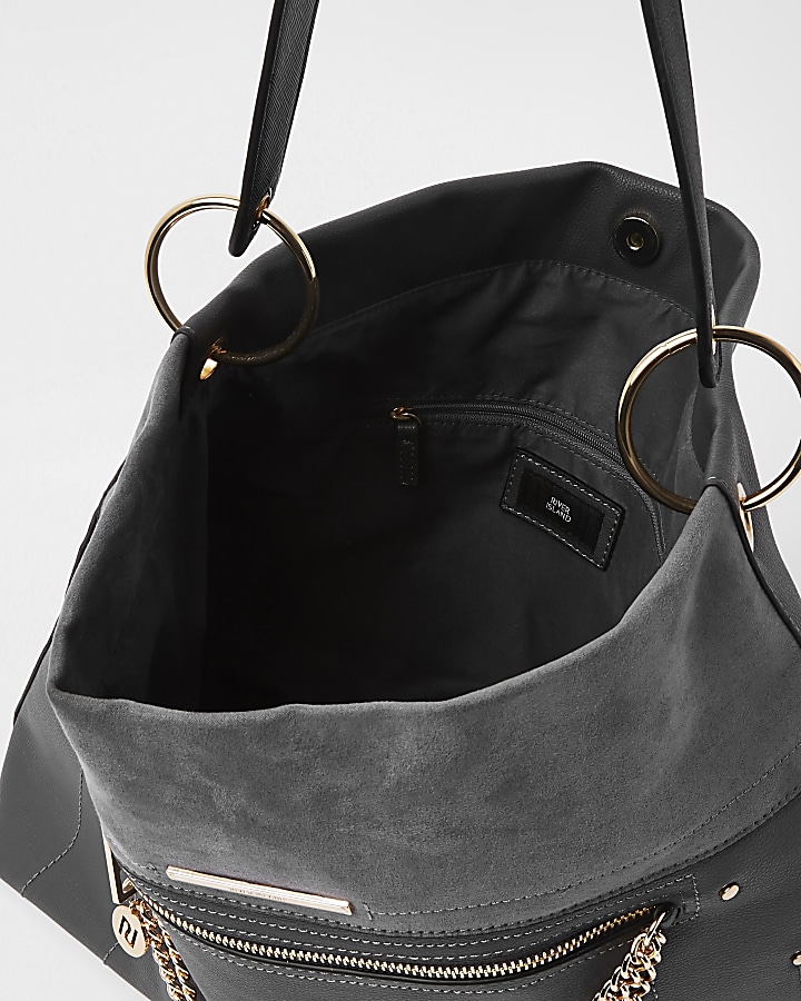 Dark grey zip front chain front slouch bag