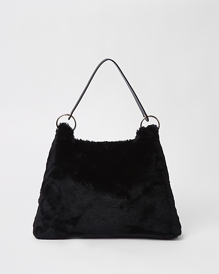 Black faux fur chain front slouch bag